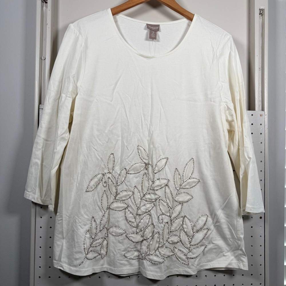 Chico's T-Shirt Women's Ivory Applique Flower Beaded 3/4 Sleeve Top Large 2 NWT‎